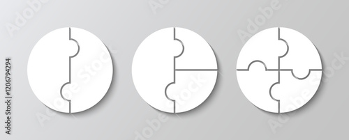 Scheme for thinking game. Puzzle details with 2,3 and 4 pieces. Set of circle jigsaw grids. Cutting templates collection with details. Simple mosaic background. Frame tiles. Vector illustration