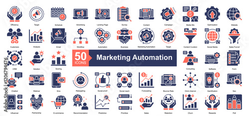 Marketing Automation Icon Collection Set.Containing Efficiency, Target, Schedule, Advertising, Landing Page, Survey, Content, Campaign icon. Simple dual tone style Vector Illustration.	