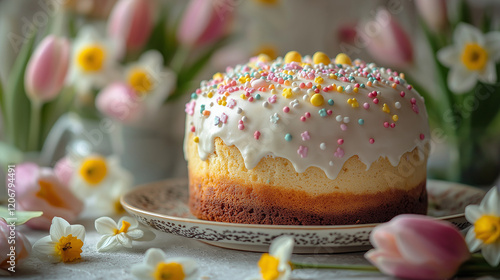 Easter composition featuring a traditional Easter cake (kulich) at the center