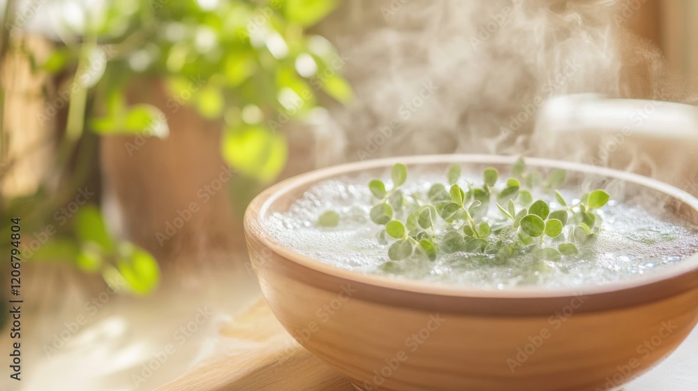 Close-up of a warm bowl with eucalyptus-infused water and rising steam, creating a tranquil spa atmosphere. Relaxation, wellness, and self-care concept. Close-up of a warm bowl with eucalyptus-infused water and rising steam, creating a tranquil spa atmosphere. Relaxation, wellness, and self-care concept.