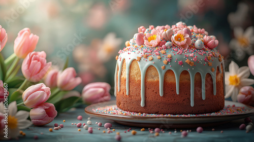 Easter composition featuring a traditional Easter cake (kulich) at the center