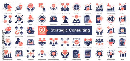 Strategic Consulting Icon Collection Set.Containing Strategic, Research, Csr, strategic consulting, Market positioning icon. Simple dual tone style Vector Illustration.	