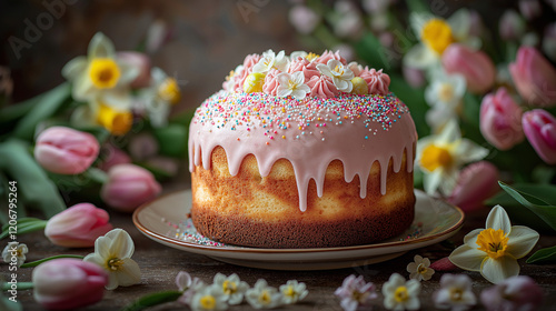 Easter composition featuring a traditional Easter cake (kulich) at the center