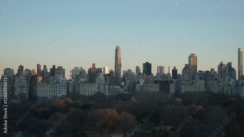 A breathtaking view showcasing a stunning winter skyline that features Central Parks serene and tranquil landscape A breathtaking view showcasing a stunning winter skyline that features Central Parks serene and tranquil landscape