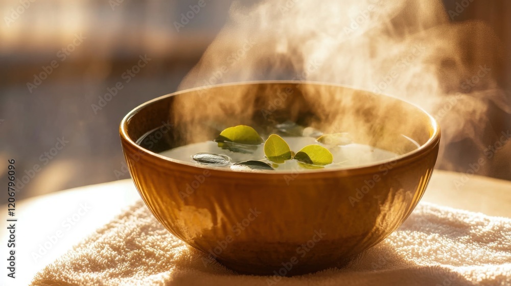 Close-up of a warm bowl with eucalyptus-infused water and rising steam, creating a tranquil spa atmosphere. Relaxation, wellness, and self-care concept. Close-up of a warm bowl with eucalyptus-infused water and rising steam, creating a tranquil spa atmosphere. Relaxation, wellness, and self-care concept.