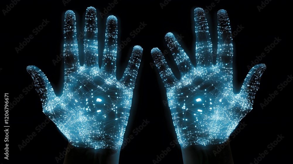 Illuminated Hands Connected By Digital Network Lines Illuminated Hands Connected By Digital Network Lines