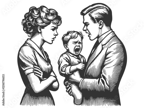 couple in a heated argument while the woman holds a crying baby, showing family tension and conflict sketch engraving generative ai vector illustration. Scratch board imitation. Black and white image.
