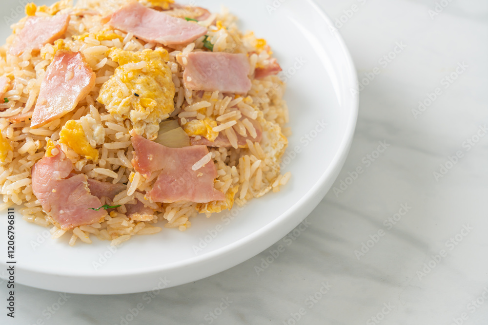 bacon ham fried rice on plate bacon ham fried rice on plate