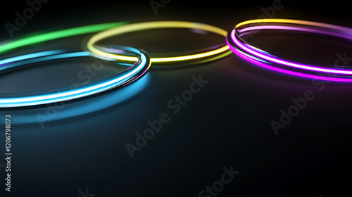 A halo ring modern effect with 3D neon electric light and flare. Abstract speed frame with EDEM energy glow on black background. Purple, green, blue and yellow radial orb shape. photo