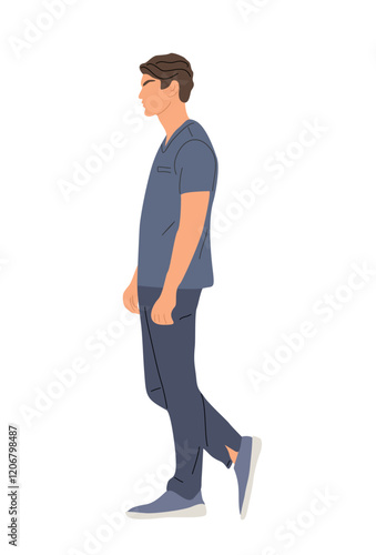 Medical worker, doctor, surgeon, cardiologist, paramedic walking, standing side view. Handsome man wearing uniform scrub. Vector realistic illustration isolated 
