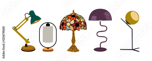 Set of table lamps different shapes and colors. Office desk lamps, night bedside table lamps, retro mid-century modern desktop lamps. Vector illustrations isolated