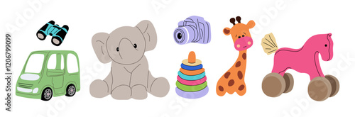 Cute toys set. Preschool kids stacking games, plush elephant, giraffe for children playing and education. Childish car, camera, nursery horse. Flat vector illustrations isolated