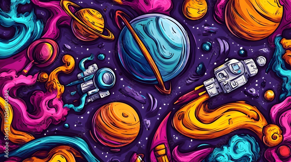 Fototapeta premium Psychedelic Space Art Featuring Planets Rockets and Astronauts