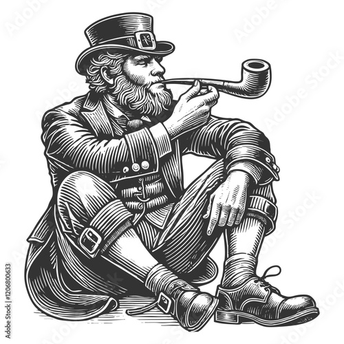 leprechaun smoking a pipe with swirling smoke, evoking Irish folklore and tradition sketch engraving generative ai vector illustration. Scratch board imitation. Black and white image.