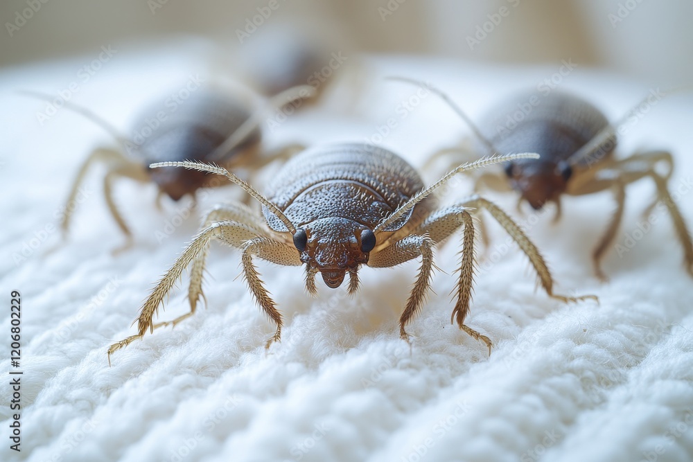 Close-up of three bed bugs crawling on a white pillow, vivid and detailed imagery Close-up of three bed bugs crawling on a white pillow, vivid and detailed imagery