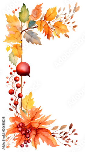 Digital vintage watercolor autumn leaves and berrie abstract graphic poster background