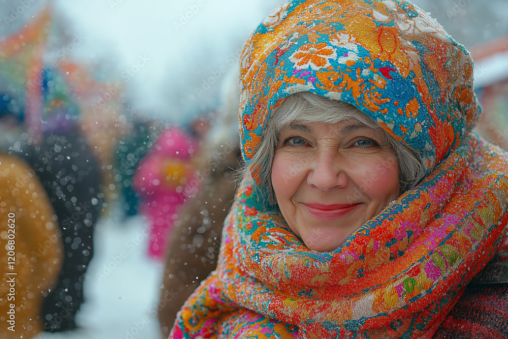 A group of people wearing traditional Maslenitsa costumes in a snowy village setting, showcasing folk attire with bright patterns and embroidery during a lively festival. A group of people wearing traditional Maslenitsa costumes in a snowy village setting, showcasing folk attire with bright patterns and embroidery during a lively festival.