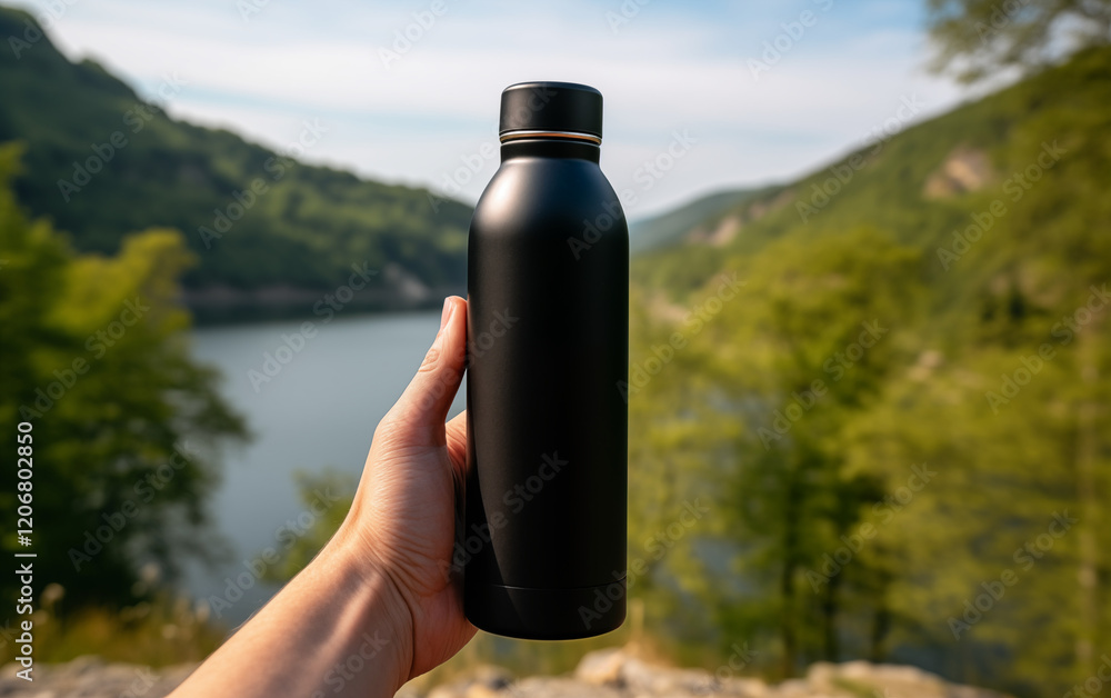 Hand holding a reusable thermo water bottle with nature in the background, outdoor concept Hand holding a reusable thermo water bottle with nature in the background, outdoor concept