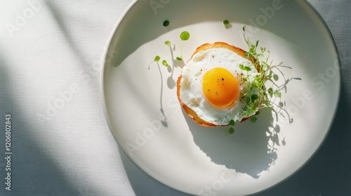 Simple and healthy protein-rich breakfast with egg toast or open-faced sandwich on large white plate, branch dish in minimalistic style, homemade cozy food, AI generated image photo