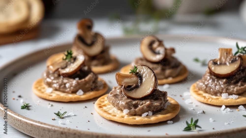 Mushrooms appetizer, crispy cracker with mushroom mousse or pate and fried mushroom at top, finger-food or mini snack closed-up photo, AI generated Mushrooms appetizer, crispy cracker with mushroom mousse or pate and fried mushroom at top, finger-food or mini snack closed-up photo, AI generated