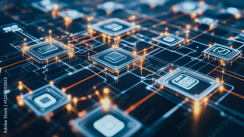 Obraz premium Global Network of Data Processing: A mesmerizing abstract illustration depicting a complex network of interconnected data processors.