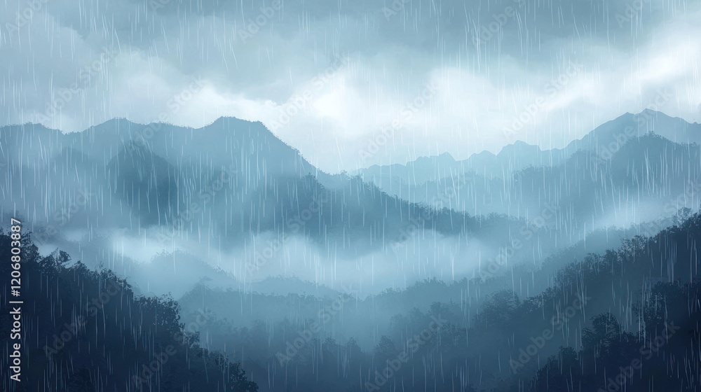Fototapeta premium Rainy Mountain Landscape: A Serene View of Misty Peaks