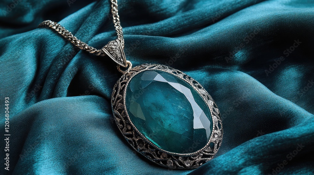 Fototapeta premium A gemstone pendant featuring a large, oval-cut emerald on a soft velvet cloth.