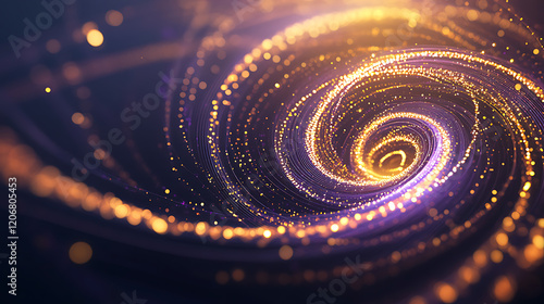 Dynamic cosmic time travel vortex motion graphics, featuring a glowing galaxy spiral effect and a spiral abstract infinity pattern made of golden and purple shiny particles, produce a spiraling photo