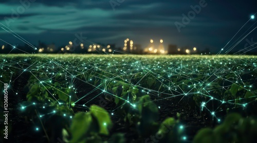 A field of crops with a futuristic digital network connecting the plants to a distant industrial complex at night. photo