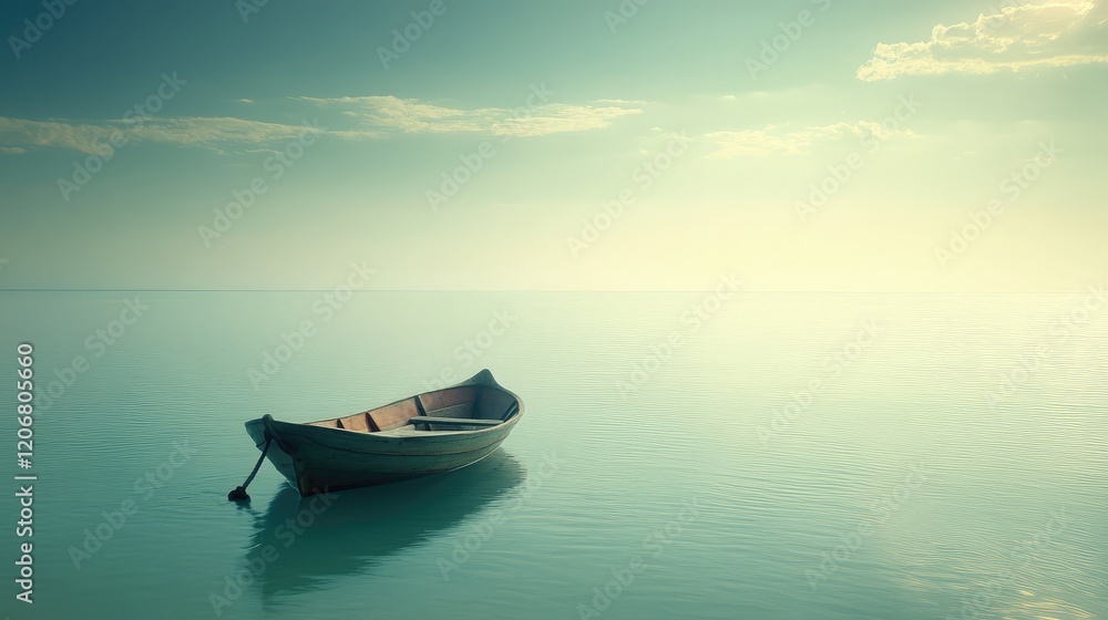 A small anchor tied to a rowboat, floating gently in calm waters. A small anchor tied to a rowboat, floating gently in calm waters.