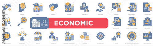 Economic icon collection set. Containing design money,currency,asset,liability,economic,corporate