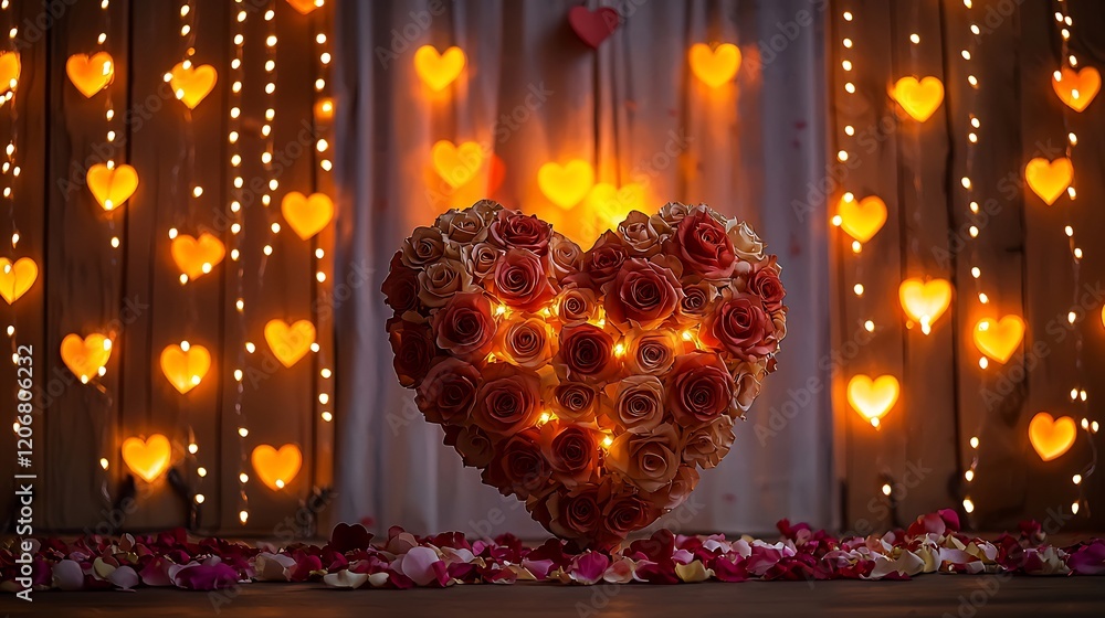 Fototapeta premium Romantic Valentine heart made of roses and petals placed in front of a Saint Valentine inspired background with glowing lights and soft hearts