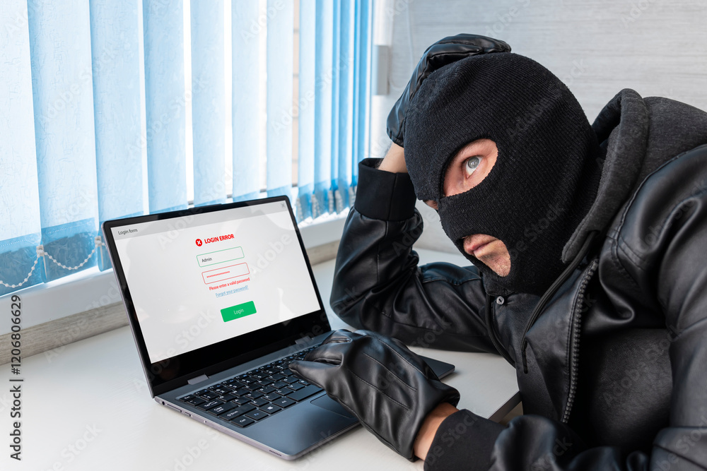 Theft of personal data. Hacking site. A bandit in the office picks up a password to log in on a laptop. Hacker the cracker made a mistake with the password. the concept of cybercrime Theft of personal data. Hacking site. A bandit in the office picks up a password to log in on a laptop. Hacker the cracker made a mistake with the password. the concept of cybercrime