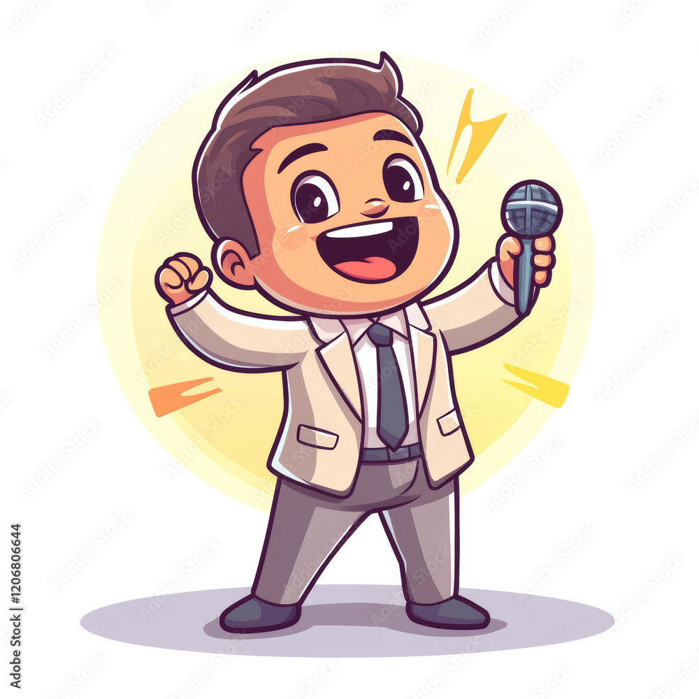 A cheerful cartoon man in a suit joyfully sings into a microphone, radiating happiness and energy. A cheerful cartoon man in a suit joyfully sings into a microphone, radiating happiness and energy.