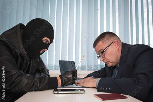 businessman and robbers are sitting at a table. A racketeer in a black balaclava forces to sign a contract. The concept of a raider takeover of the company. dangerous deal photo