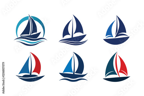 Six colorful sailboats float on calm water in various sailing positions with different striped sail designs and abstract wave shapes