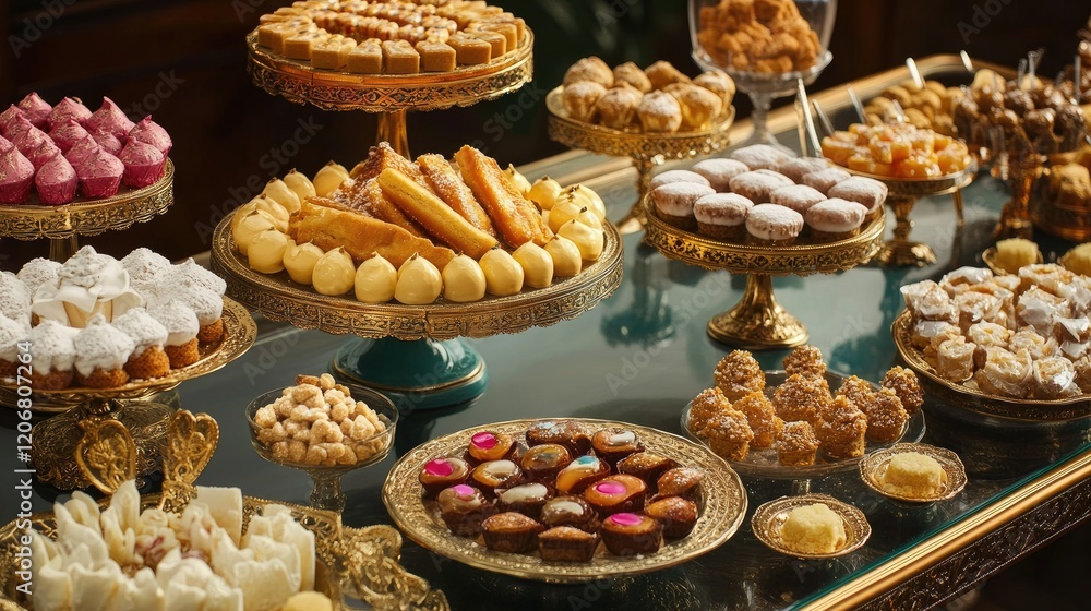 A Luxurious Dessert Table Display: An Array of Exquisite Sweets A Luxurious Dessert Table Display: An Array of Exquisite Sweets