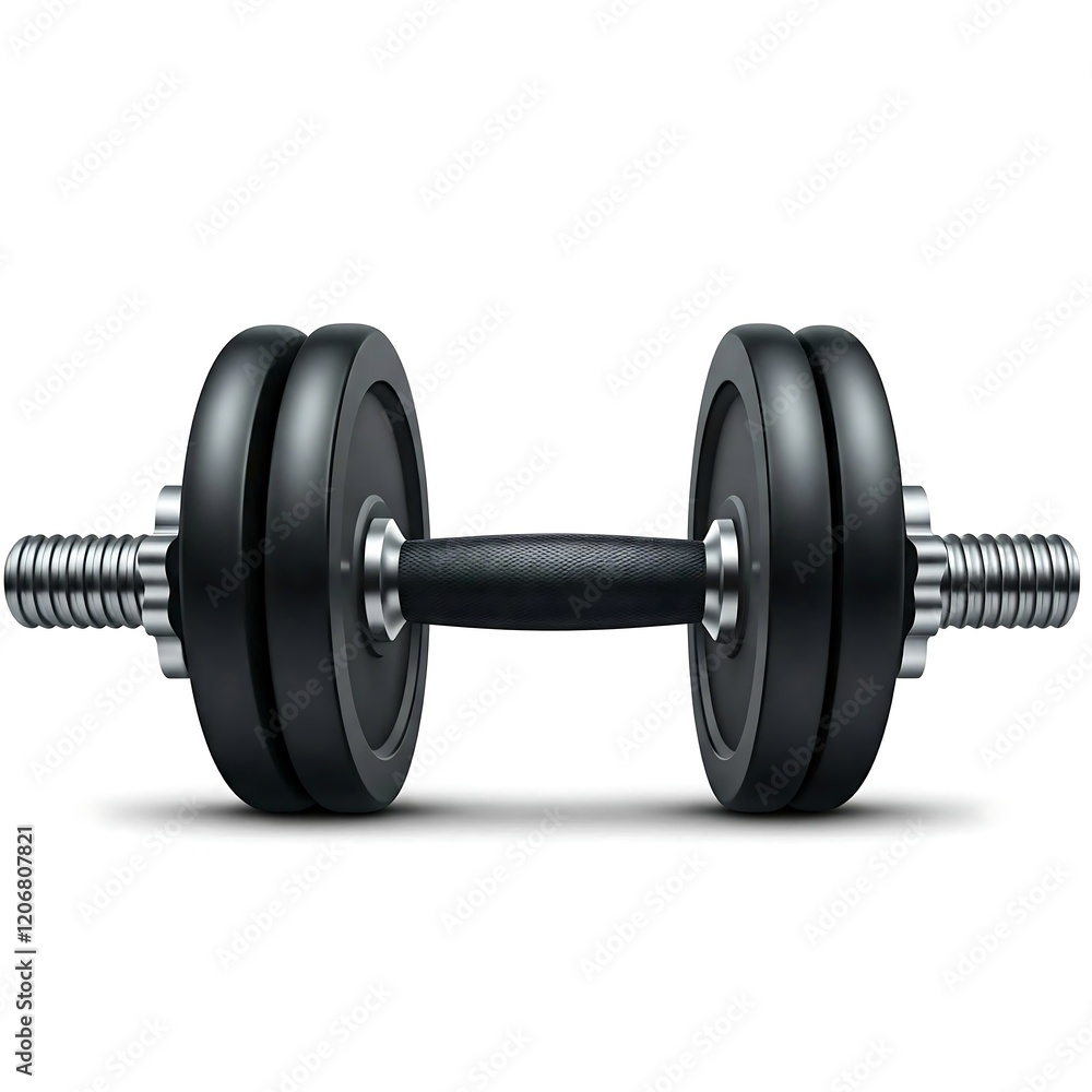 A classic illustration of a black dumbbell with adjustable weight plates. The dumbbell is isolated on a white background. A classic illustration of a black dumbbell with adjustable weight plates. The dumbbell is isolated on a white background.
