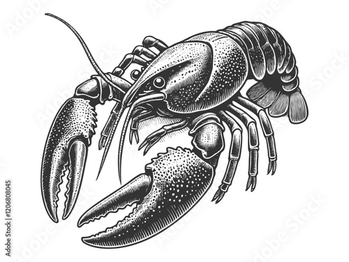 Crayfish lobster with detailed claws, legs, and segmented tail, showcasing marine life and natural design sketch engraving generative ai vector illustration. Scratch board. Black and white image.