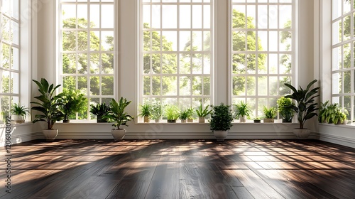 A large room with white walls and wooden floors  featuring tall windows with clear frames. The floor is made of dark wood planks that have been sanded to give it an elegant finish.