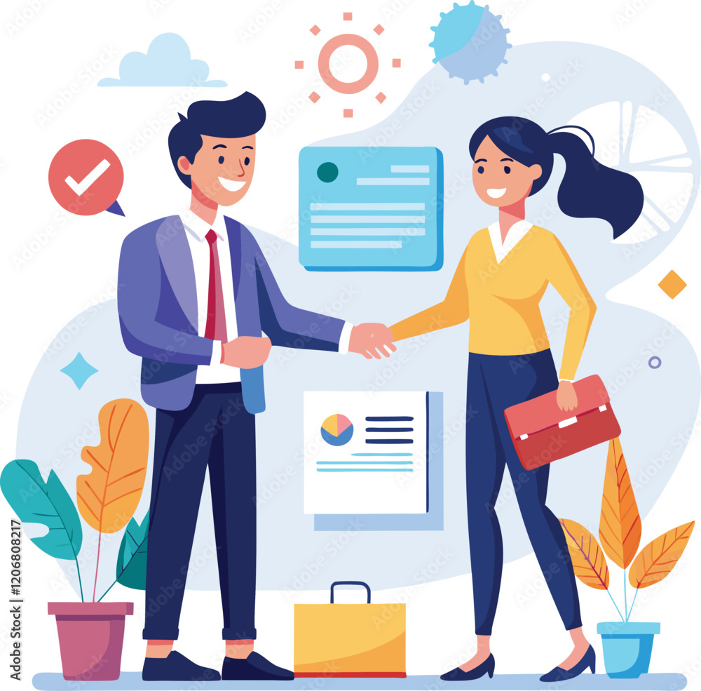 Obraz premium People shaking hands at work - Two businesspeople, man and woman doing handshake in office at work while smiling over business agreement and deal. Flat design stock illustration on white background