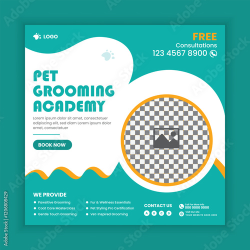 Dog grooming training media post design or pet business Facebook and Instagram post square banner template