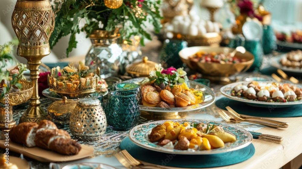 Luxurious Festive Table Setting: A Golden & Teal Gastronomic Delight Luxurious Festive Table Setting: A Golden & Teal Gastronomic Delight