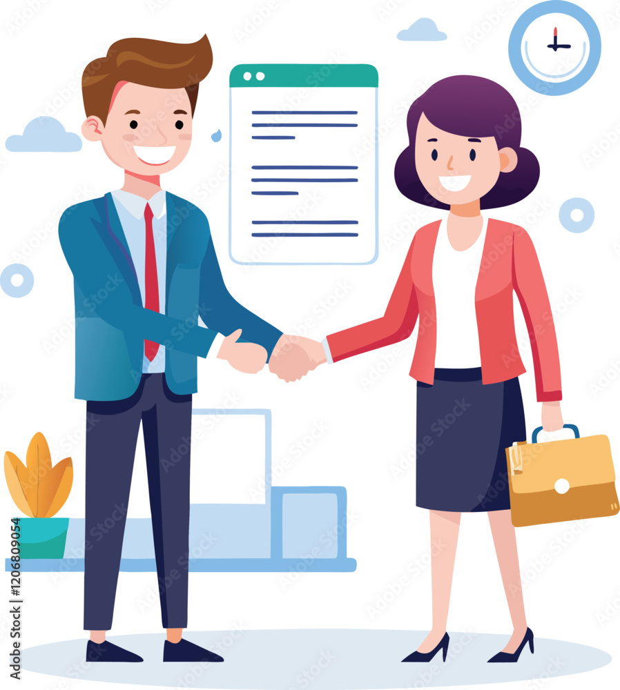 Obraz premium People shaking hands at work - Two businesspeople, man and woman doing handshake in office at work while smiling over business agreement and deal. Flat design stock illustration on white background