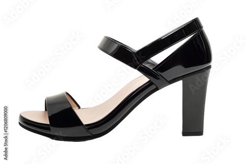 Elegant black high-heeled sandal with open-toe design, sleek ankle strap, and glossy finish, perfect for formal occasions, modern style, and women’s fashion, isolated on white background.

 photo