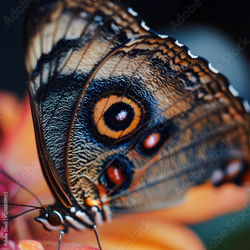 Blue Morpho Butterfly Closeup:  Intricate details of a Blue Morpho butterfly's wings are showcased in a stunning macro photograph, revealing the iridescent blues, deep blacks, and striking eye spots. photo