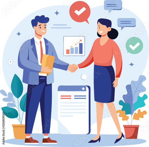 People shaking hands at work - Two businesspeople, man and woman doing handshake in office at work while smiling over business agreement and deal. Flat design stock illustration on white background