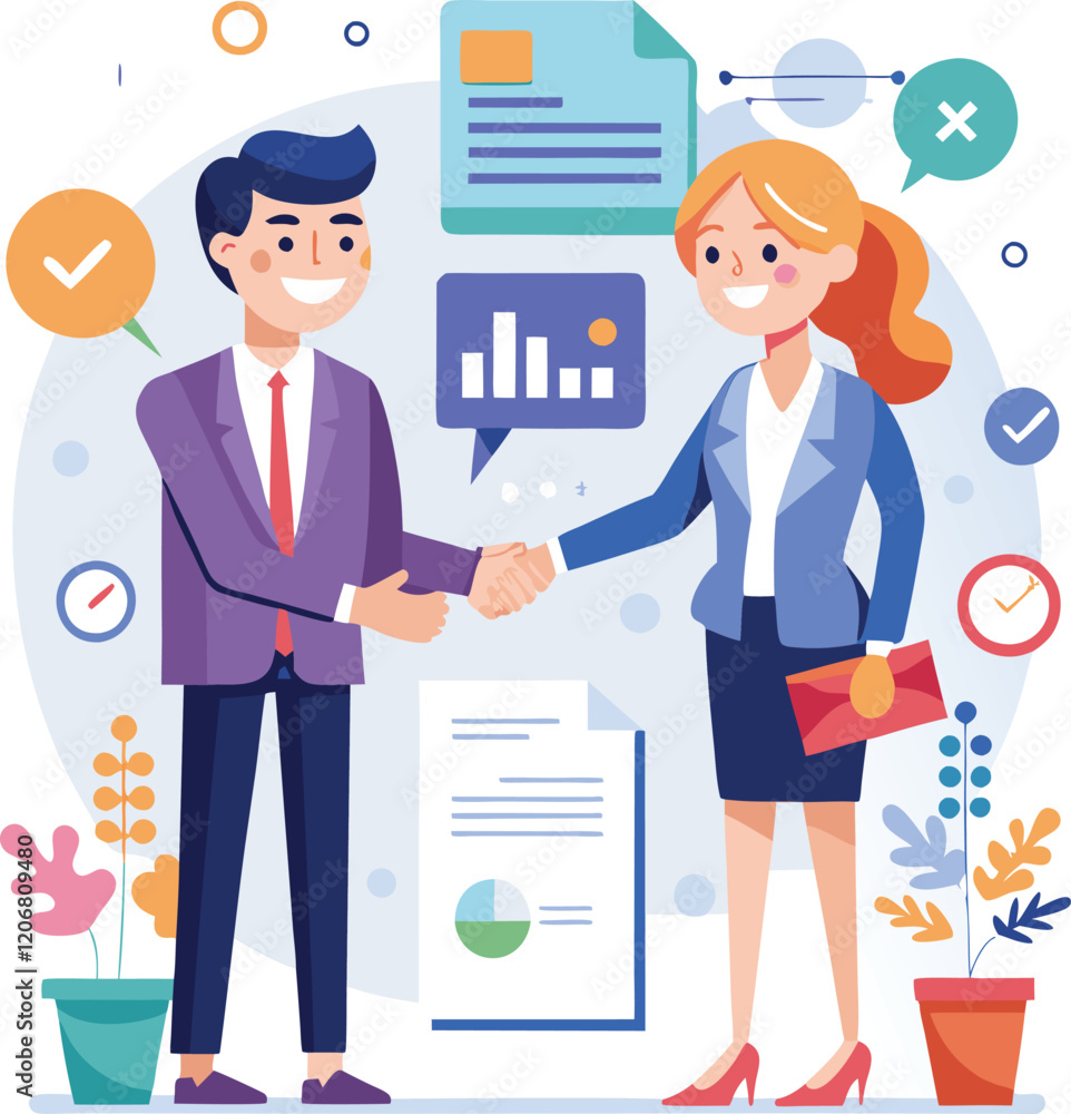 People shaking hands at work - Two businesspeople, man and woman doing handshake in office at work while smiling over business agreement and deal. Flat design stock illustration on white background People shaking hands at work - Two businesspeople, man and woman doing handshake in office at work while smiling over business agreement and deal. Flat design stock illustration on white background