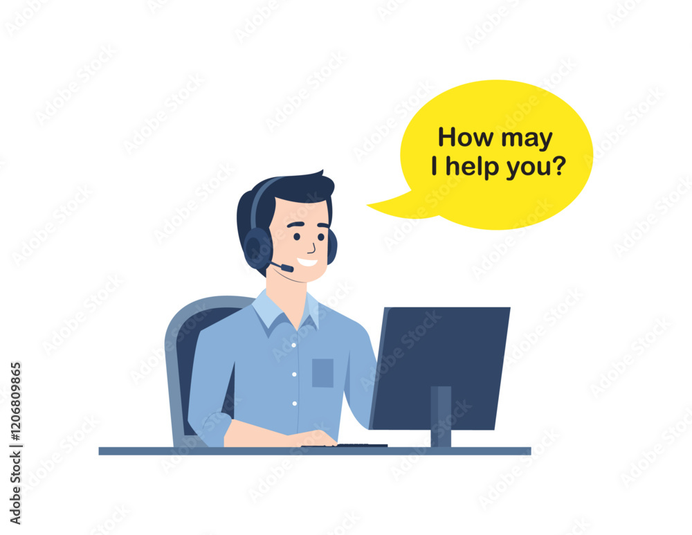 Friendly call center representative wearing a headset and working at a desk, symbolizing customer service, support, and communication Friendly call center representative wearing a headset and working at a desk, symbolizing customer service, support, and communication
