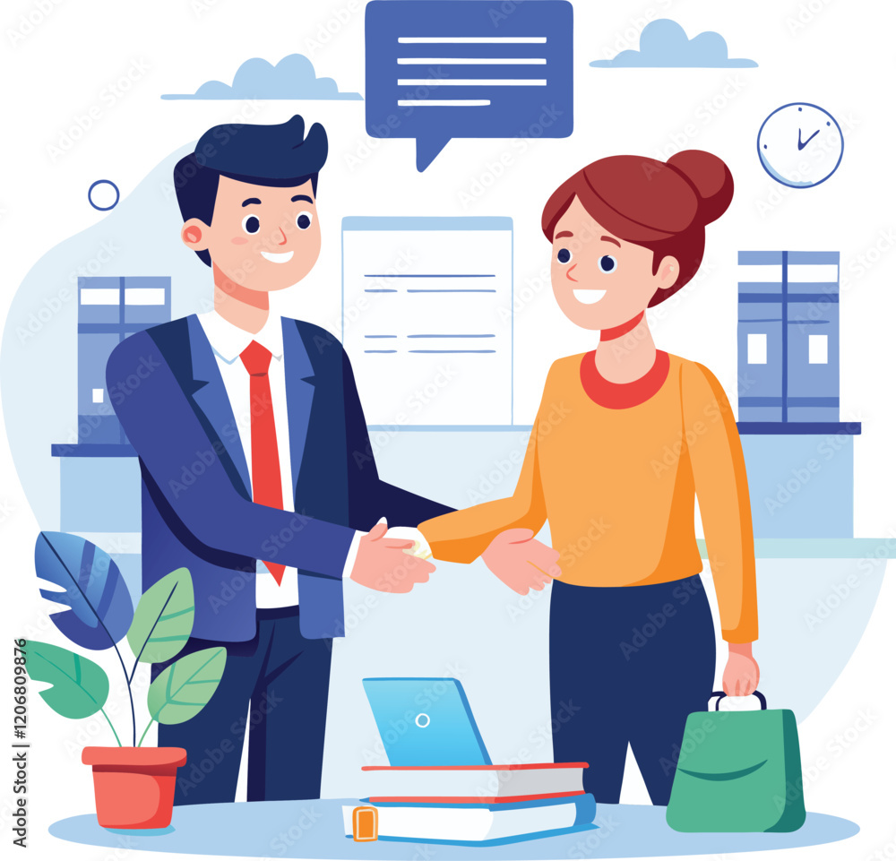 Obraz premium People shaking hands at work - Two businesspeople, man and woman doing handshake in office at work while smiling over business agreement and deal. Flat design stock illustration on white background